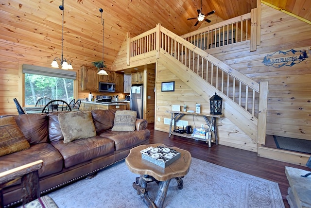 73 Rosiey Ln, Blue Ridge, GA 30513 - living room featuring wood walls, high vaulted ceiling, wood ceiling, wood finished floors, and a ceiling fan
