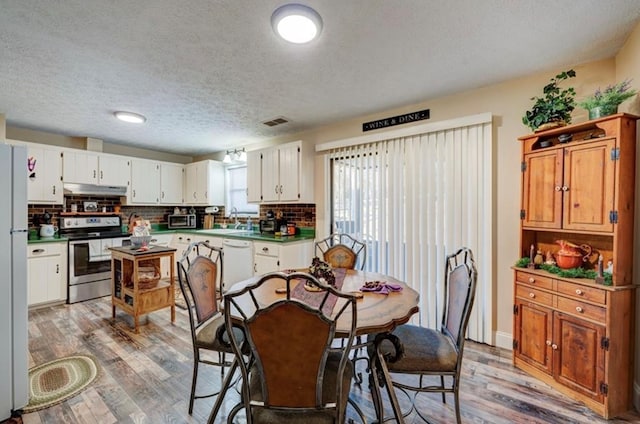 kitchen with tasteful backsplash, stainless steel appliances, light hardwood / wood-style floors, and white cabinets