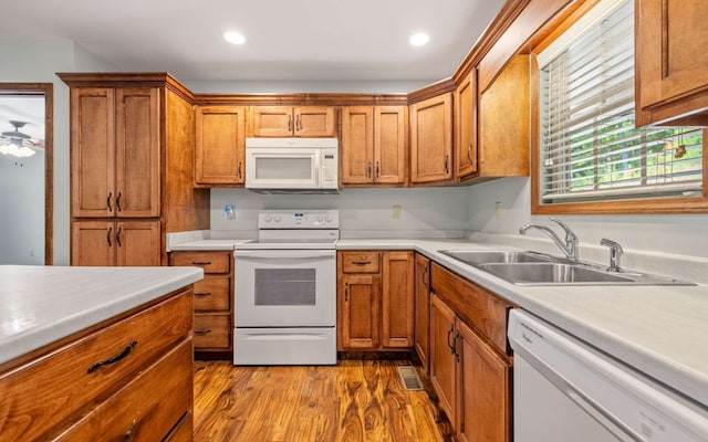 kitchen featuring ceiling fan, white appliances, light wood-type flooring, and sink