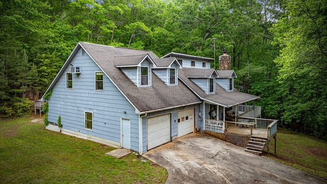 15.20 Piney Acres Rd, Blue Ridge, GA 30513 - view of front of house featuring a shingled roof, driveway, a chimney, a view of trees, and a deck