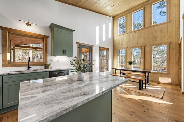 LOT11 Windy Valley Trl, Blue Ridge, GA 30513 - kitchen featuring green cabinetry, a sink, healthy amount of natural light, light stone counters, and wood ceiling