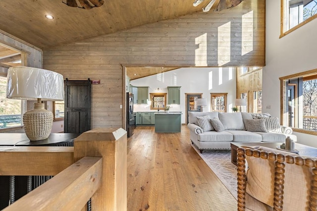 LOT11 Windy Valley Trl, Blue Ridge, GA 30513 - living room featuring high vaulted ceiling, wood walls, light wood-type flooring, wooden ceiling, and recessed lighting