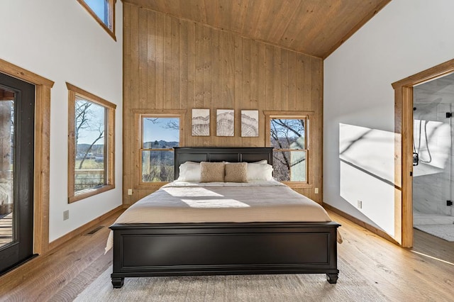 LOT11 Windy Valley Trl, Blue Ridge, GA 30513 - bedroom with high vaulted ceiling, multiple windows, wooden ceiling, light wood-style flooring, and wooden walls