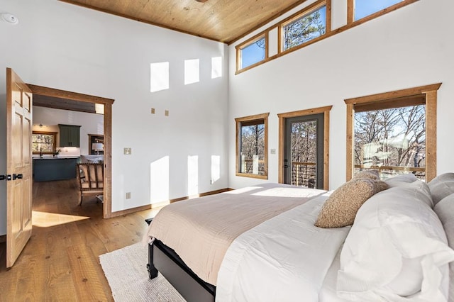 LOT11 Windy Valley Trl, Blue Ridge, GA 30513 - bedroom featuring wooden ceiling, light wood-style floors, multiple windows, access to exterior, and high vaulted ceiling