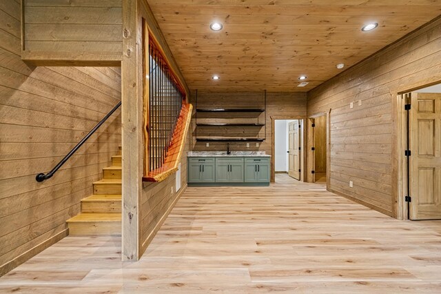 LOT11 Windy Valley Trl, Blue Ridge, GA 30513 - interior space with wood walls, a sink, recessed lighting, light wood-style floors, and wood ceiling