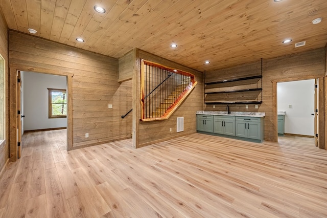 LOT11 Windy Valley Trl, Blue Ridge, GA 30513 - unfurnished living room with wood ceiling, wood walls, light wood-style floors, stairway, and a sink
