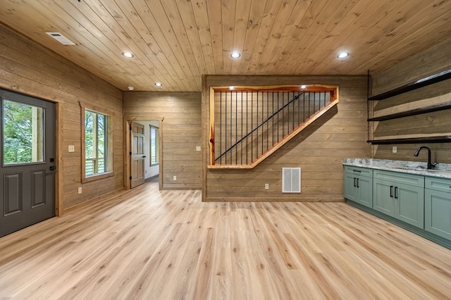 LOT11 Windy Valley Trl, Blue Ridge, GA 30513 - unfurnished living room with a sink, wooden walls, wood ceiling, light wood-style flooring, and recessed lighting