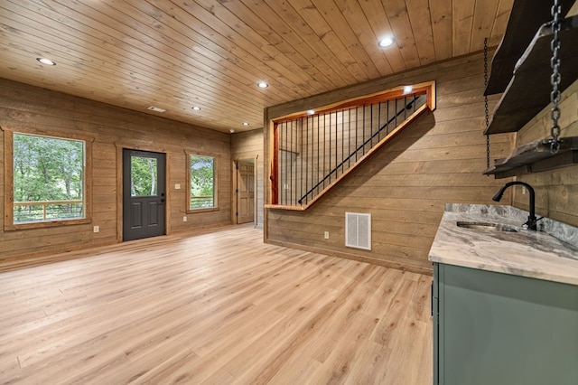 LOT11 Windy Valley Trl, Blue Ridge, GA 30513 - unfurnished living room with a sink, wooden walls, stairway, wood ceiling, and recessed lighting
