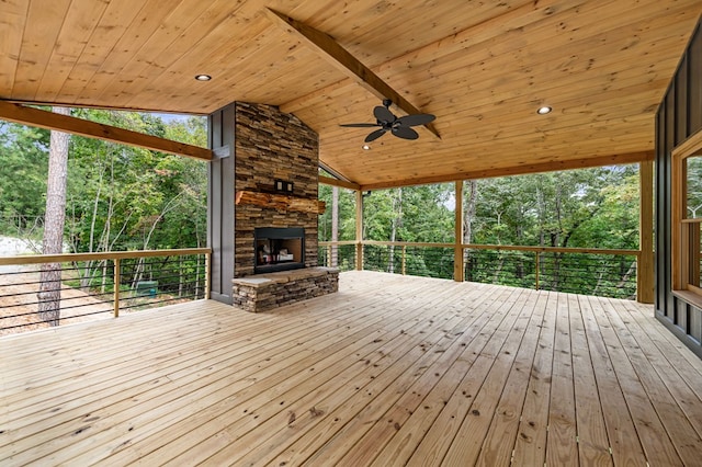 LOT11 Windy Valley Trl, Blue Ridge, GA 30513 - wooden deck featuring an outdoor stone fireplace, view of wooded area, and a ceiling fan
