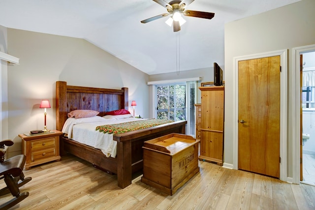 bedroom with vaulted ceiling, ceiling fan, and light hardwood / wood-style flooring