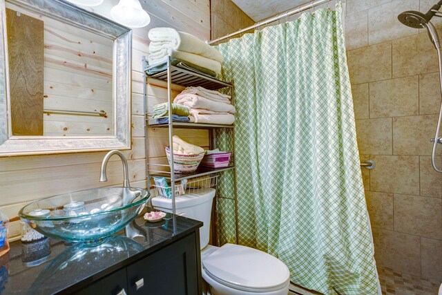 bathroom featuring toilet, wood walls, sink, and walk in shower