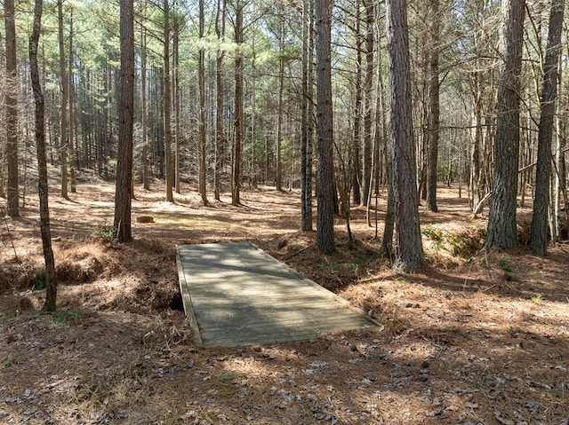 exterior space featuring a forest view