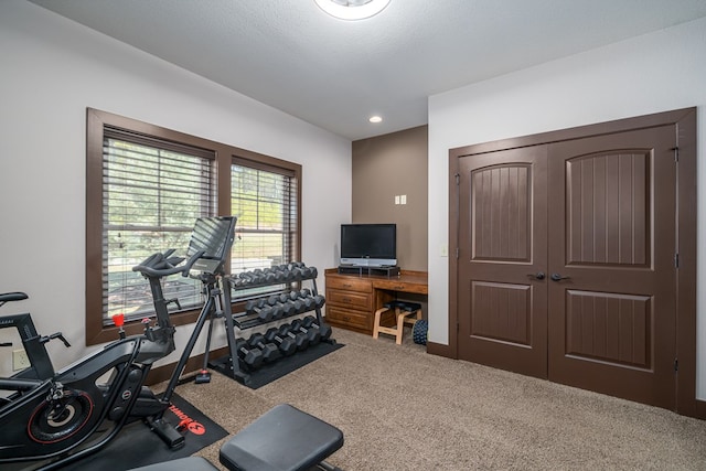 exercise room featuring carpet flooring