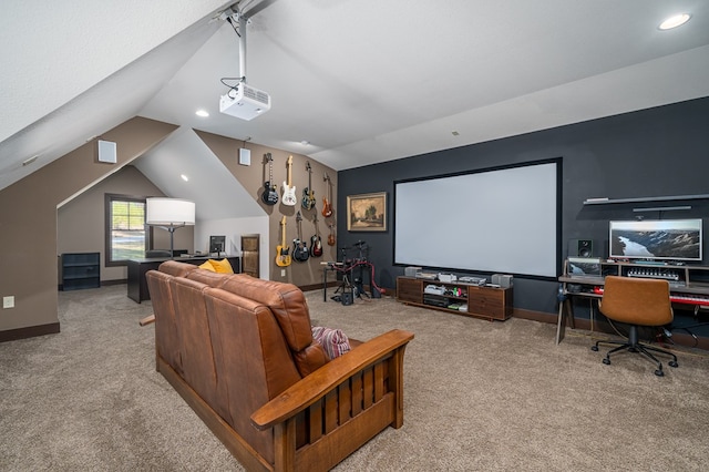 carpeted home theater room with recessed lighting, vaulted ceiling, and baseboards