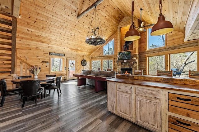 kitchen with dark wood-type flooring, wood walls, hanging light fixtures, wooden ceiling, and a fireplace