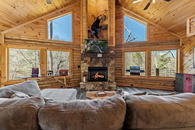 living room featuring ceiling fan, a fireplace, high vaulted ceiling, and wooden ceiling