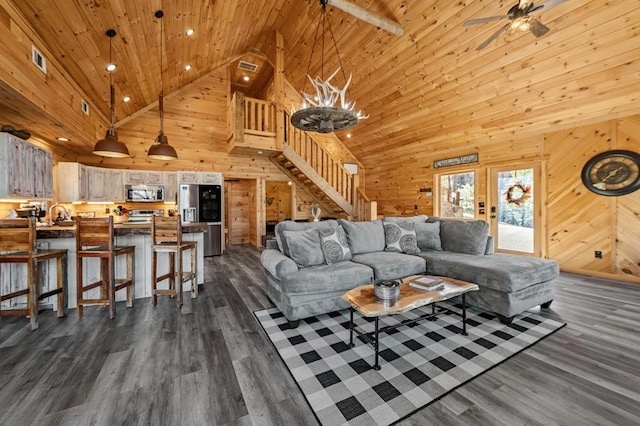 living room featuring dark hardwood / wood-style floors, high vaulted ceiling, wooden walls, ceiling fan, and wooden ceiling