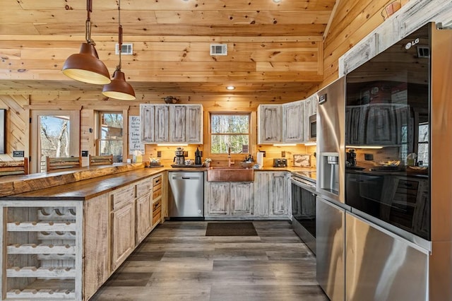 kitchen with butcher block counters, sink, wood walls, pendant lighting, and stainless steel appliances