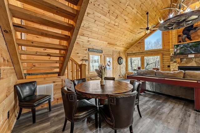 dining space with wood ceiling, dark wood-type flooring, high vaulted ceiling, a fireplace, and wood walls