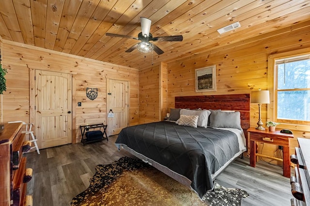 bedroom featuring wood ceiling, hardwood / wood-style flooring, and wood walls