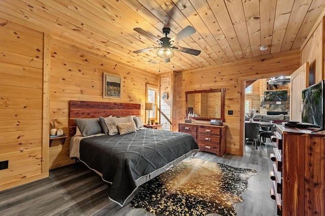 bedroom with ceiling fan, dark hardwood / wood-style floors, wooden ceiling, and wooden walls