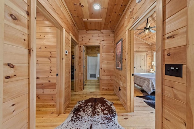 corridor featuring light wood-type flooring, wooden ceiling, and wooden walls