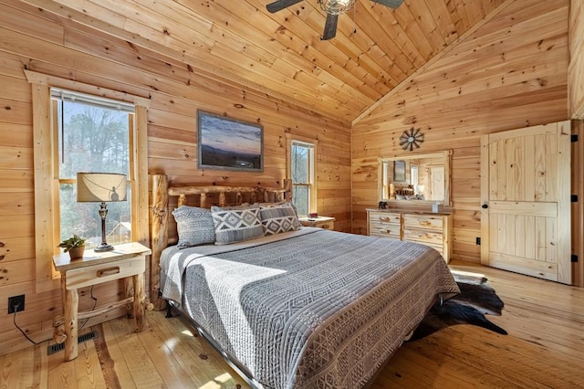 bedroom with wooden ceiling, vaulted ceiling, multiple windows, and wood walls