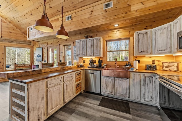 kitchen featuring butcher block counters, hanging light fixtures, sink, and appliances with stainless steel finishes