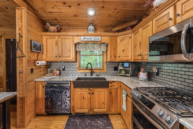 kitchen featuring light wood-style floors, a sink, wooden ceiling, and stainless steel appliances