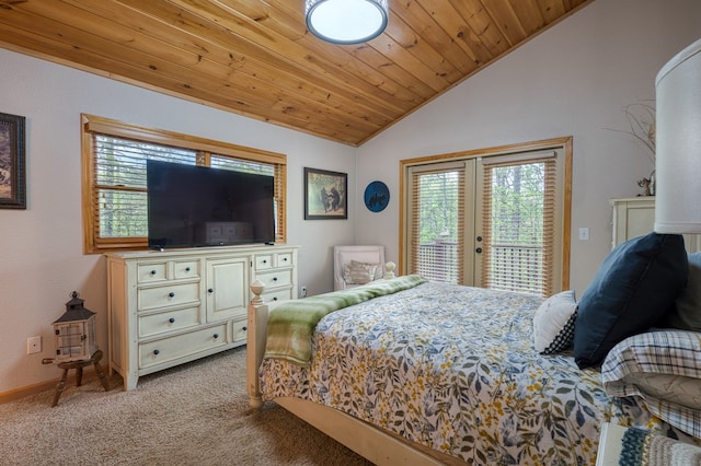 bedroom with french doors, vaulted ceiling, wooden ceiling, carpet floors, and access to outside