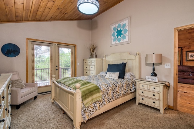 bedroom with french doors, wooden ceiling, light carpet, and access to exterior