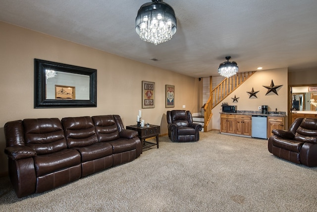 living room with visible vents, stairway, a notable chandelier, light carpet, and indoor bar