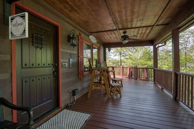 wooden deck featuring a ceiling fan and covered porch
