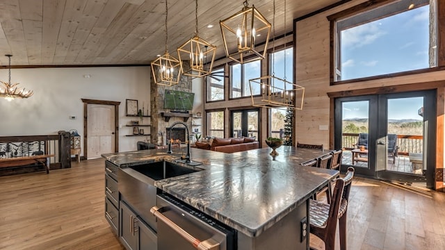 kitchen featuring a chandelier, stainless steel dishwasher, a sink, french doors, and dark wood finished floors