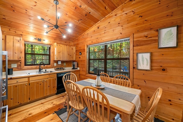 dining room featuring wooden walls, lofted ceiling, sink, wood ceiling, and light hardwood / wood-style floors