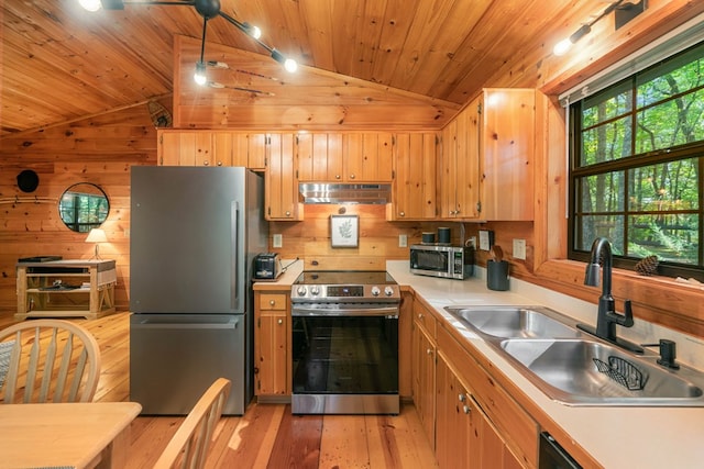 kitchen with sink, wood ceiling, light hardwood / wood-style flooring, wooden walls, and stainless steel appliances