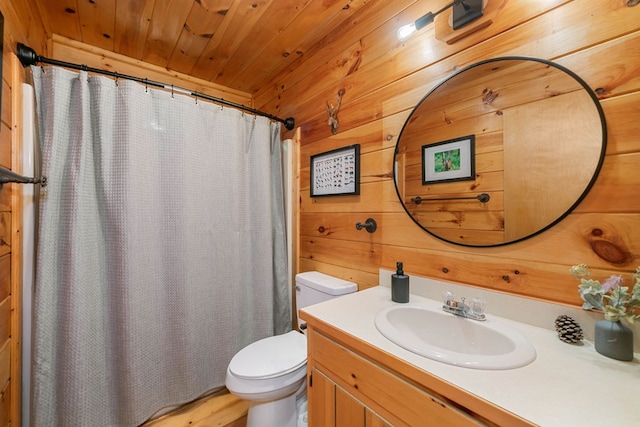 bathroom featuring toilet, vanity, wooden walls, and wooden ceiling