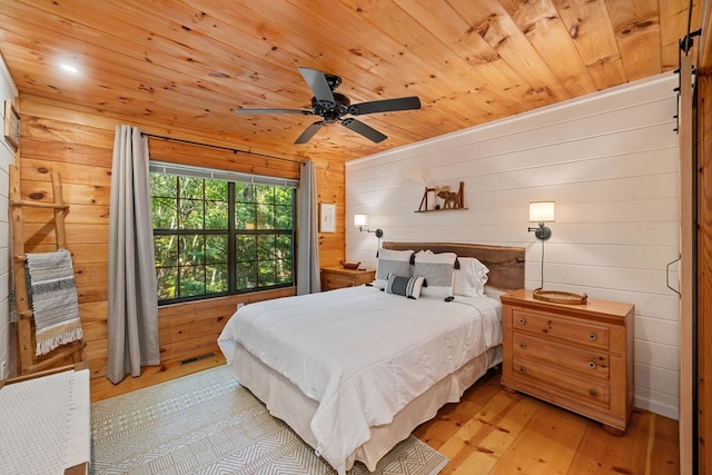 bedroom featuring wood ceiling, ceiling fan, light hardwood / wood-style floors, and wood walls