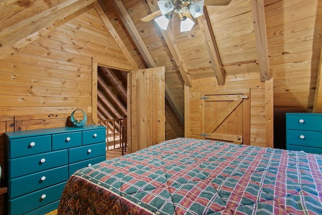 unfurnished bedroom with wooden walls, wooden ceiling, and lofted ceiling with beams