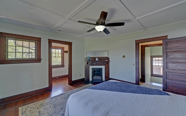 bedroom featuring coffered ceiling, a fireplace with flush hearth, baseboards, and multiple windows