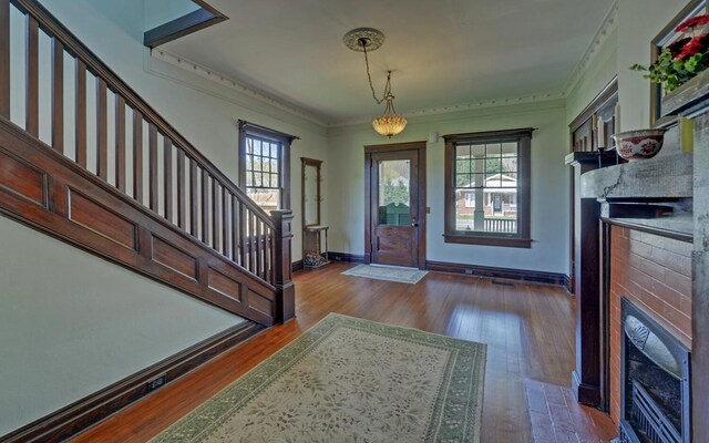 foyer with wood finished floors, a fireplace, ornamental molding, and plenty of natural light