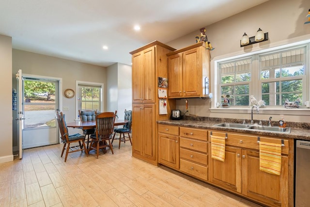 kitchen with dishwasher, light hardwood / wood-style floors, and sink