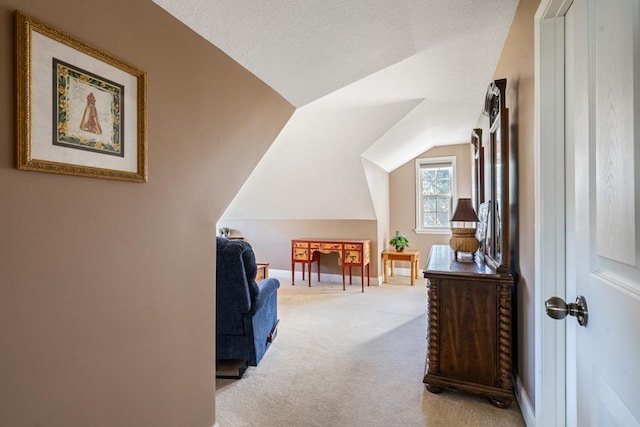 additional living space with light carpet, a textured ceiling, and lofted ceiling