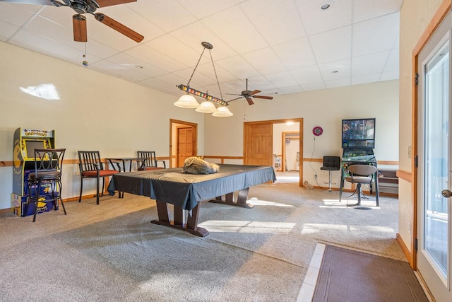 recreation room with pool table, plenty of natural light, carpet flooring, and ceiling fan