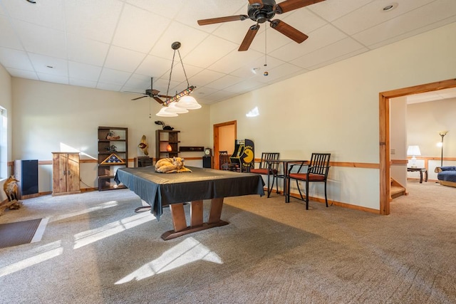 rec room with pool table, a drop ceiling, carpet flooring, and ceiling fan