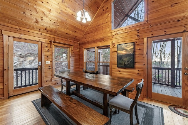 dining area with high vaulted ceiling, an inviting chandelier, light wood-style floors, wood walls, and wooden ceiling