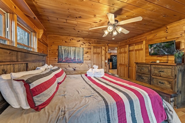 bedroom featuring wood ceiling and wood walls