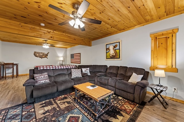 living area with ceiling fan, baseboards, wood finished floors, and wooden ceiling