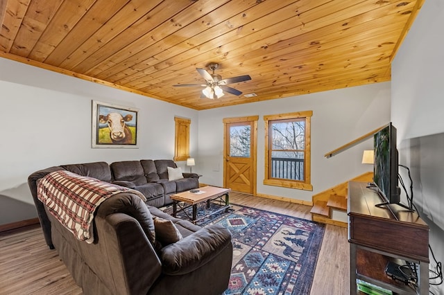 living area featuring light wood finished floors, wooden ceiling, baseboards, and a ceiling fan