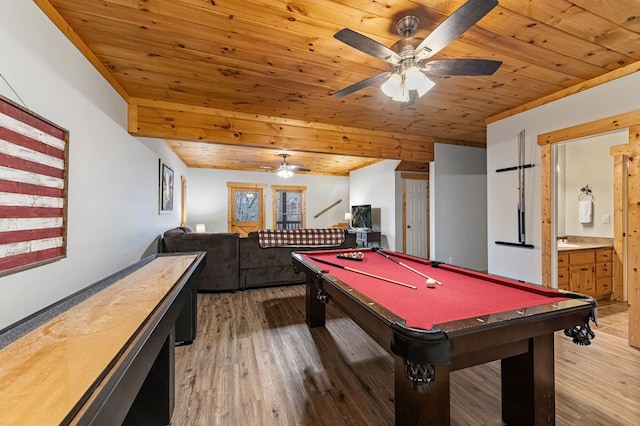 recreation room featuring wood finished floors, pool table, wooden ceiling, and a ceiling fan